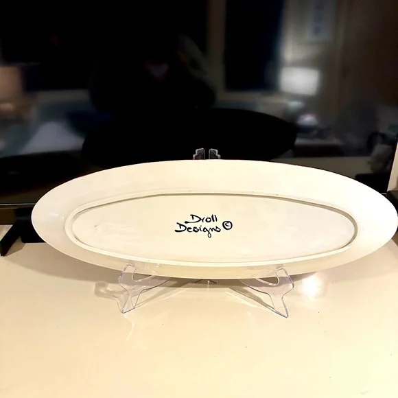 NEW DROLL DESIGNS Long Fruit Platter Tray Red Polka Dot Rim Handpainted signed